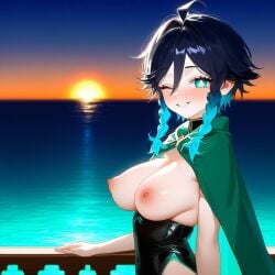 1girls ai_generated atom_(throwaway) balcony big_breasts female female_only genderswap_(mtf) genshin_impact night ocean outside rule_63 smile solo sunset venti_(genshin_impact) wink