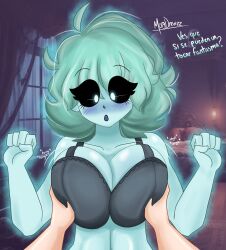 bedroom big_ass big_breasts big_butt black_sclera blue_body blue_skin blush blush_lines fantasmina_(morgdrewzz) ghost_girl glowing_eyes grabbing grabbing_breasts green_hair lingerie morgdrewzz original_character white_eyes