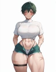 abs absurd_res ai_generated athletic athletic_female breasts dolphin_shorts embarrassed female green_hair green_shorts hands_in_pockets jujutsu_kaisen knotted_shirt large_breasts looking_at_viewer round_glasses scars_on_body short_hair simple_background smokeye straps thongstraps white_panties white_shirt yellow_eyes zenin_maki