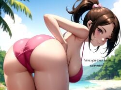 1boy 1boy1girl 1girls ai_assisted ai_generated anime_nose ass beach bikini bikini_bottom bikini_top blush breasts breasts_together brown_hair busty butt caption clouds day daytime english english_text female_focus huge_breasts huge_tits_teen large_breasts long_breasts male_pov nice_ass original original_character outdoors outside panties pendulous_breasts pink_bikini purple_eyes rear_view sagging_breasts sand sexy_pose sky small_but_busty smile soft_breasts solo_focus speech sunlight teen teenage_girl teenager text trees water young