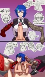 1girls 3boys :>= blowjob blowjob_face blue_hair completely_nude female foreskin foursome gasper_vladi green_eyes hairy_balls high_school_dxd huge_breasts huge_cock hyoudou_issei kiba_yuuto mmmf naked_female school_uniform sexshopydibujos unusual_penis xenovia_quarta