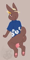 animal_crossing anus balls blonde_hair brown_fur clothing fur green_nose hair hat lagomorph mammal nintendo o'hare paws penis presenting pukeytwink rabbit short_tail simple_background video_games