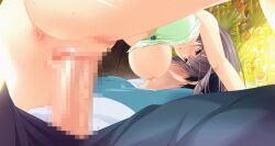 1boy 1girls animated anus ass atelier_kaguya atelier_kaguya_honky-tonk_pumpkin black_hair black_pants breasts clothed_male_nude_female cowgirl_position game_cg huge_breasts kajuu_100 large_breasts long_hair naughty_smile nipples pants purple_eyes sengoku_natsuka sex smile straight vaginal_penetration yoppy