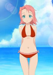 bikini bikini_top blue_eyes mayo_chiki! medium_breasts ocean pink_hair red_bikini sakamachi_kureha short_hair