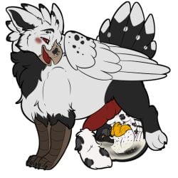 1:1 alpha_channel balls beak blush bodily_fluids cum duo feathered_wings feathers feet genital_fluids genitals knot male no_humans open_mouth penis red_eyes smile standing symrea talons tarchun_(eueaglehawk) telegram_sticker toes torio_(draskmacaw) white_body wings yellow_eyes