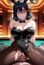 1boy 1girls ai_generated animal_ears black_hair breasts bunny_costume bunny_ears bunnysuit casino casino_card_table casino_table cleavage cowgirl cowgirl_position digbyai kill_la_kill leotard leotard_aside matoi_ryuuko penis playboy_bunny pov pov_eye_contact pussy sex two_tone_hair vaginal_penetration