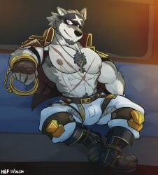 abs alternatehef another_eidos_of_dragon_vein_r anthro canine full_house_(anothereidos_r) fullhouse fur headband male male_focus male_only mammal multicolored_body muscular muscular_anthro muscular_male nipples omame solo solo_male wolf