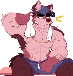 abs bara blue_shorts furry hat mrpandhew muscular muscular_male original original_character shorts shorts_only sweaty topless towel towel_around_neck workout