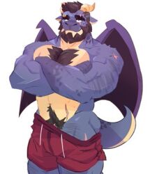 anthro bara beard black_hair dragon eye_scar gay hair hairy_chest heterochromia horns male male_only membrane_(anatomy) membranous_wings mrpandhew muscular muscular_male scalie scar scars shorts solo solo_male tagme underwear underwear_only wings