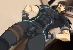 1boy abs abs_visible_through_clothing balls_visible_through_clothing bara bulge combat_agent_6 detailed_bulge dhlinez edit male male_only muscle muscles muscular muscular_male pectorals penis penis_visible_through_pants screenshot_edit sentouin_hakenshimasu! solo testicles tight_clothing