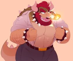 1boy anthro bara bowser bulge bulge_through_clothing fire gay male_only mario_(series) mrpandhew muscular muscular_male tight_clothing tight_pants