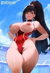 1girls ai_generated black_hair competition_swimsuit eve_(stellar_blade) evilkuro05 female female_only high_ponytail massive_breasts pubic_hair shift_up solo stellar_blade thiccwithaq_(ai_style) thick_hips