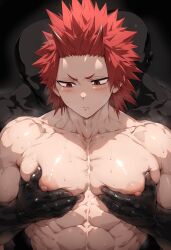 abs ai_generated aru_(pixiv1293902) big_pecs blush eijirou_kirishima erect_nipples gay large_pectorals male male/male male_focus male_only muscular muscular_male my_hero_academia nipple_play nipples pecs pecs_grab pecs_touching pectorals yaoi