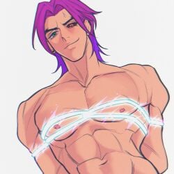 abs heartsteel_kayn heartsteel_series kayn league_of_legends male male_only muscular muscular_male nipples pecs pectorals pink_hair purple_hair smiling solo tied tied_up two_tone_hair