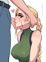 1boy 1girls 2d 2d_(artwork) bely blonde_hair blue_eyes breasts cammy_white capcom facial_scar female female_focus hi_res high_resolution highres imminent_fellatio jeans large_breasts looking_at_viewer male scar simple_background street_fighter toksie