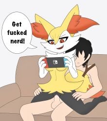 absurd_res anthro anthro_penetrated balls braixen breasts chair_position controller dialogue duo electronics female female_anthro female_on_human from_behind_position game_console game_controller gaming gaming_while_penetrated generation_6_pokemon genitals hi_res human human_on_anthro human_penetrating interspecies male male/female male_human male_on_anthro mammal nintendo nintendo_switch nude nude_anthro nude_human on_bottom on_top penetration penile penile_penetration penis penis_in_pussy playing_video_game pokemon pokemon_(species) profanity pussy roguecolonel303 sex sex_while_gaming speech_bubble stick text vaginal_penetration vaginal_penetration