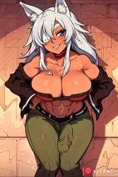 ai_generated alexmit big_breasts bulge dickgirl furry futanari ghislaine_dedoldia long_hair muscular muscular_female mushoku_tensei one_eye_closed shemale smile white_hair