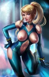 1girls exposed exposed_breasts exposed_pussy metroid navel nintendo nipples samus_aran terufuu zero_suit_samus