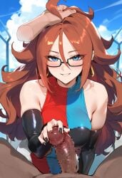 1boy 1girl 1girls ai_generated android android_21 android_21_(human) android_girl armwear auburn_hair black_armwear black_glasses black_nail_polish black_nails black_penis blush blush_lines blushing breasts censored censored_penis cheating cheating_wife clothed clothed_female clothing dark-skinned_male dark_penis dark_skin depressu depressu7 dragon_ball dragon_ball_z dress female glasses hand_on_head hand_on_penis handjob handpads hoop_earrings interracial long_hair male male_pov mosaic_censoring penis pov smile unseen_male_face vein veiny_penis wife