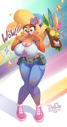 1girls aku-aku aku_aku alternate_breast_size anthro bandicoot bimbo blonde_hair breasts cleavage clothed clothing coco_bandicoot crash_(series) don_ko female female_only hair_flower jeans large_breasts long_hair mammal marsupial nipple_bulge pants ripped_pants shirt shoes solo standing wide_hips