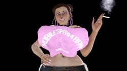 3d 3d_(artwork) 3d_render asian asian_female bimbo black_background breast_implants choker chun-li chun-li_(street_fighter_6) fake_boobs fake_breasts fake_tits honey_select hoop_earrings huge_breasts implants long_nails makeup simple_background smoking smoking_cigarette smoking_fetish street_fighter street_fighter_6 studio_neo text_on_clothing