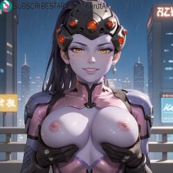 1girls ai_generated artist_name artist_signature blizzard_entertainment bodysuit breast_hold breasts breasts_out center_opening colored_skin earrings gloves head-mounted_display hi_res high_resolution highres jewelry kurutai long_hair looking_at_viewer makeup medium_breasts nipples outdoors overwatch overwatch_2 parted_lips pink_bodysuit ponytail purple_hair purple_skin smile solo subscribestar subscribestar_username uncensored upper_body wet widowmaker widowmaker_(overwatch) yellow_eyes