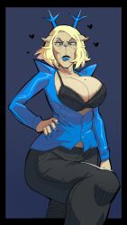 1girls animal_ears antlers black_bra black_eyes black_lips black_pants blonde_hair blue_eyeshadow blue_lips blue_nails blue_shirt bra breasts bursting_breasts carol_holiday cleavage clothing deer_ears deltarune eyeshadow female fingernails furry furry_female goat_girl hand_on_own_hip horns huge_breasts kitapult lace lace_trim large_breasts lipstick long_sleeves looking_at_viewer makeup mature_female mole mole_on_breast mole_under_eye nail_polish open_clothes open_shirt pants shirt short_hair solo underwear