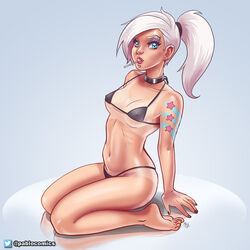 bikini female howler_(owler) lollipop micro_bikini pablocomics sitting solo tattoo white_hair