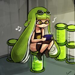 2015 :3 blush domino_mask electronics female game_console goggles green_eyes green_hair green_urine handheld_game_console ink inkling lumineko mask musical_note peeing playing_games shorts shorts_pull signature splatoon tank_top video_game