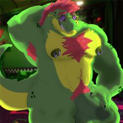 alligator alligator_tail alligatorid alligatorid_humanoid animatronic anthro anthro_male biceps black_nails clawed_fingers claws crocodile crocodile_tail crocodilian crocodylid eye_wear face_paint facial_markings fingerless_gloves five_nights_at_freddy's five_nights_at_freddy's:_security_breach fnaf green_body green_scales green_skin long_nails machine male male_only mohawk mohawk_(hairstyle) montgomery_gator_(fnaf) muscle muscles muscular_anthro muscular_body muscular_furry muscular_male nipple_piercing non_human presenting red_eyes red_hair reptile reptile_humanoid scales scalie scottgames shades sharp_teeth shoulder_pads solo solo_male spiked_bracelet spikes spotted_body star_shades steel_wool_studios sunglasses tail_markings two_tone_body yellow_body yellow_scales yellow_skin