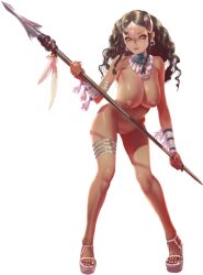 artist_request braid breasts brown_eyes brown_hair closed_mouth collar crystal_maiden_(series) dark_skin earrings eloe_(crystal_maidens) feathers female full_body game_cg groin holding holding_polearm holding_weapon jewelry large_breasts loincloth necklace nipples nude official_art polearm solo spear transparent_background tribal variant_set weapon