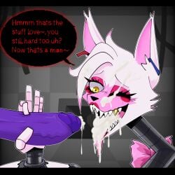 animatronic anthro big_penis black_border black_nose blush blush_stickers bodily_fluids border bow_tie canid canine cum cum_in_mouth cum_inside cum_on_face dialogue disembodied_penis duo exposed_endoskeleton eyelashes eyeshadow female five_nights_at_freddy's five_nights_at_freddy's_2 fox fur gallo_wazavi genital_fluids genitals gold_(metal) gold_tooth handjob head_tuft hi_res huge_cock leaking_cum lipstick machine makeup male male/female mammal mangle_(fnaf) metallic_body nude one_eye_closed open_mouth penile penis pink_body pink_bow_tie pink_eyeshadow pink_fur pink_lipstick purple_penis robot scottgames sex sharp_teeth speech_bubble teeth text tuft white_body white_fur wire yellow_eyes