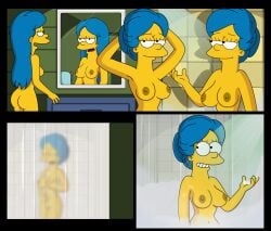 1girls aged_down arms_up ass bathroom big_breasts blue_hair breasts completely_nude edit hand_on_breast hourglass_figure marge_simpson navel nipples nude shower showering smile solo_female steam the_simpsons tied_hair tying_hair wvs yellow_body yellow_skin