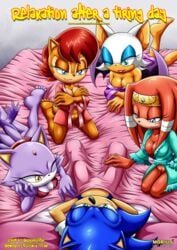 5_toes anthro barefoot bbmbbf bed bed_sheet bedding blaze_the_cat blue_fur breasts clothing furry half_naked hedgehog male mammal mobius_unleashed nightgown on_bed palcomix pussy relaxation_after_a_tiring_day_(sonic_the_hedgehog) robe rouge_the_bat sally_acorn sideboob sonic_(series) sonic_the_hedgehog tikal_the_echidna under_covers video_games