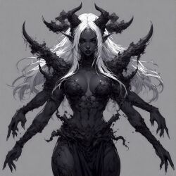 dark_skin darkness four_arms monster_girl multiple_arms white_hair