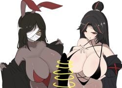 1boy 2girls :q animal_ears bandages bare_shoulders bikini black_bikini black_hair blank_censor breasts censored cg cleavage collarbone dark-skinned_female dark_skin erection fake_animal_ears huge_breasts large_breasts leotard limbus_company long_hair looking_at_viewer mang mang_(project_moon) mole multicolored_hair multiple_girls navel open_clothes penis playboy_bunny project_moon rabbit_ears red_eyes red_hair simple_background smile straight strapless streaked_hair swimsuit tongue tongue_out white_background yellow_eyes zigong_(limbus_company) zilu_(limbus_company)