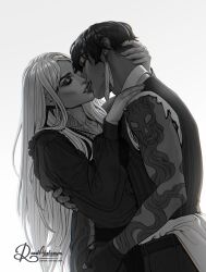 black_and_white black_hair blouse closed_eyes ear_ring embrace embracing embracing_each_other eyelashes gay gay_kissing gloves hug human human_only kiss_on_lips kissing long_hair male male/male road~abelgeym tattoo tattoo_on_arm tattoo_on_chest tongue tongue_kiss tongue_out white_background white_hair