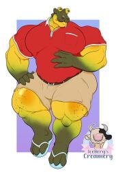 1ceberg absurd_res anthro banana_slug big_muscles big_pecs bottomwear clothed clothing collared_shirt flip_flops footwear gastropod hand_on_belly hand_on_hip hi_res male mollusk musclegut muscular muscular_male pecs polo_shirt sandals shirt shoes shorts slug solo thick_thighs topwear yellow_body