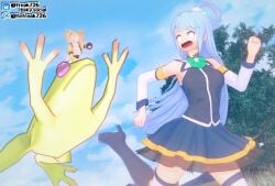 2girls 3d aqua_(konosuba) armpits bare_thighs blonde_hair blue_eyes blue_hair blue_shirt blue_skirt boots breasts chasing closed_eyes commission day detached_sleeves dress fefreak726 female female_only fire_emblem fire_emblem_awakening frilled_skirt frills frog happy high_heels hopping jumping kono_subarashii_sekai_ni_shukufuku_wo! laugh leg_up long_hair long_sleeves looking_back medium_breasts medium_hair multiple_girls nintendo open_mouth outdoors oversized_animal panicking pointing running see-through see-through_clothing shirt skirt sky sleeveless sleeveless_shirt small_breasts thighs tree very_long_hair wavy_mouth wide_eyed worried yellow_dress