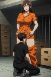 1boy 1woman ai_generated cunnilingus femdom licking_pussy prison