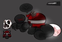 armless artist_upload big_breasts big_nipples black_skin blind blindfolded blood delirium_(the_binding_of_isaac) demon demon_horns demon_wings fat_cock glowing_eyes goo gray_background incubus lilith_(the_binding_of_isaac) massive_breasts massive_penis musk musk_clouds red_eyes red_hair reference_image slime speech_bubble succubus sweat the_binding_of_isaac white_skin yellow_eyes zona01