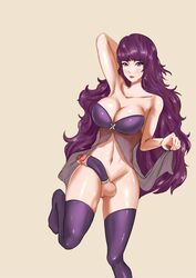 1futa artist_request balls bimbo bra breasts cleavage futa_only futanari intersex lingerie lipstick makeup penis penis_garter purple_eyes purple_hair semi-erect solo testicles thighhighs uncensored voluptuous