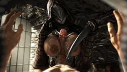 1boy 1girls 2017 3d absurdres areolae armor big_breasts big_penis breasts clothed_female_nude_male cum cum_on_breasts ejaculation erect_nipples erection female gloves hands hood huge_breasts human infinity_blade isa_(infinity_blade) knife large_breasts looking_at_viewer male mask nipples paizuri penis pov scrungusbungus shiny shiny_skin source_filmmaker straight veiny_penis weapon