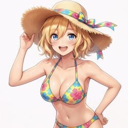 adjusting_hat ai_generated anime big_breasts bikini blonde_hair blue_eyes blush busty censored cleavage curvy ecchi female female_only floral_print freckles hand_on_head hat_ribbon hibiscus_print hips huge_breasts lollololli looking_at_viewer midriff navel oiled_skin oppai shiny_skin short_hair simple_background smile solo straw_hat string_bikini sun_hat swimwear thick voluptuous wavy_hair white_background