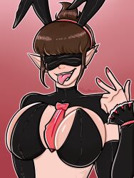bdsm_outfit blindfold bondage brown_hair bunny_ears bunnysuit cleavage earring fangs felinicanarchy highres nipple_bulge original_character piercing pointy_ears ponytail reverse_bunnysuit self_upload succubus tongue tongue_out
