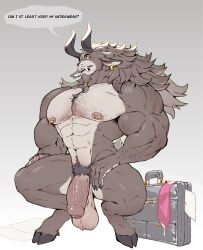 abs absurd_res anthro areola balls barbell_piercing beard_ring big_balls big_penis bovid brown_body brown_fur caprine claws crouching dialogue ear_piercing ear_ring english_text fangs finger_claws foreskin fur genitals hand_on_leg hi_res hooves horizontal_pupils horn humanoid_genitalia humanoid_penis izaque_(punktoso) male mammal muscular muscular_anthro muscular_male necktie nipple_barbell nipple_piercing nipples nude paper partially_retracted_foreskin pecs penis piercing pubes punktoso pupils ring_piercing saggy_balls simple_background solo speech_bubble suitcase teeth text whiskers yellow_eyes