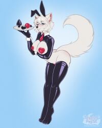 2025 anthro arm_under_breasts ball_gag big_breasts black_clothing black_latex black_legwear black_stockings black_thigh_highs blue_eyes blush breasts buttplug canid canine canis clothing costume fake_ears fake_rabbit_ears female fluffy fluffy_tail gag hair hi_res latex latex_clothing latex_legwear latex_shrug_(clothing) latex_stockings latex_thigh_highs latex_topwear legwear looking_at_viewer mammal pastelpastel pasties plate plug_(sex_toy) red_ball_gag reverse_bunny_costume selin_malianis sex_toy shrug_(clothing) solo stockings tail thigh_highs topwear white_hair wolf