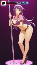 1girls 2026 ai_generated artist_name bakemonogatari blue_eyes bra breasts bust chest clothes_lift electroworld female hi_res high_heels high_quality high_resolution highres long_hair monogatari_(series) navel patreon patreon_username purple_hair senjougahara_hitagi shirt_lift solo stable_diffusion stripper_pole underwear watermark
