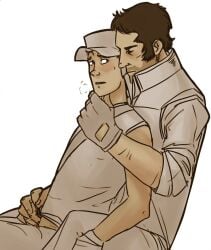 clothed clothed_sex damnnateyou gay handjob heavy_breathing holding_chin holding_face in_lap jerking_off jerking_off_another looking_at_partner looking_back male male_only on_lap panting reach_around scout_(team_fortress_2) sniper_(team_fortress_2) team_fortress_2 tf2 yaoi