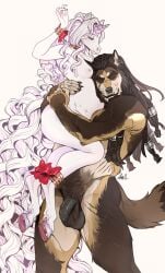 5_fingers absurd_res ama_dench_art anthro anthro_on_anthro ass balls belly big_balls big_belly big_penis black_nose breasts brown_body brown_fur brown_hair canid canine canis closed_eyes duo ear_piercing ear_ring equid equine female fenris_svartulf fingers foreskin fur genitals hair hi_res hooves horn hug humanoid_hands interspecies interspecies_pregnancy interspecies_romance larger_male male male/female mammal miorjah_(pandsky) muscular muscular_anthro muscular_male mythological_creature mythological_equine mythology nipples nude nude_anthro nude_female nude_male penis piercing pregnant pregnant_anthro pregnant_female ring_piercing romantic romantic_couple scar signature size_difference small_breasts smaller_female smile tail unicorn unicorn_horn white_body white_fur white_hair wolf